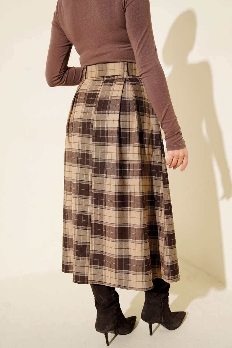 Belted Plaid Skirt with Darts - Mink