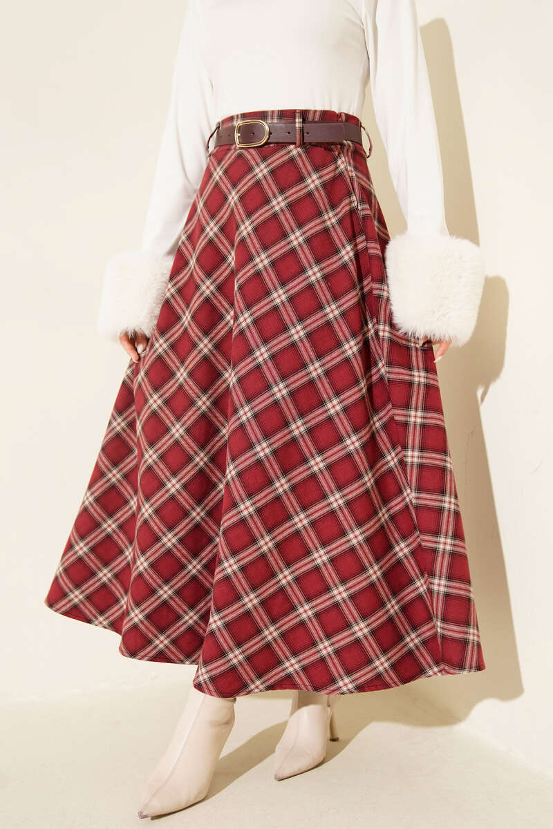 Belted Plaid Pattern Skirt - Burgundy