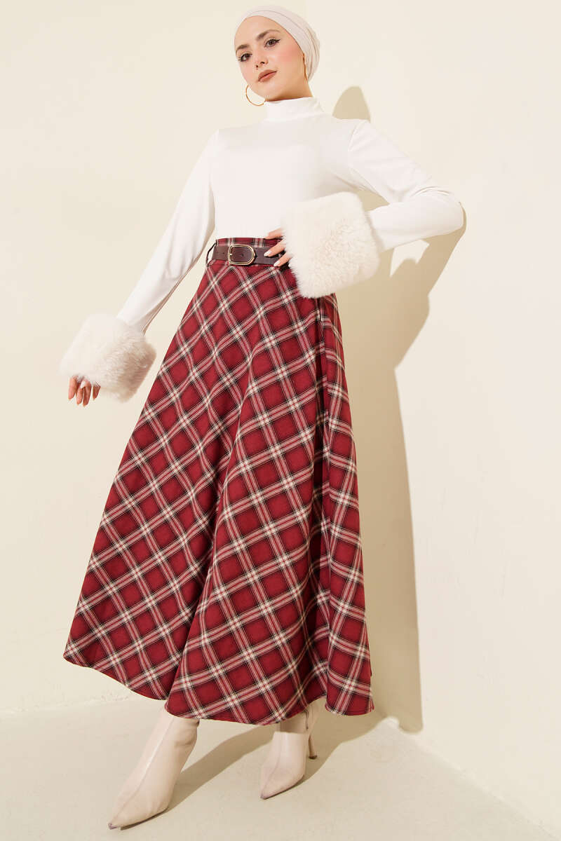 Belted Plaid Pattern Skirt - Burgundy