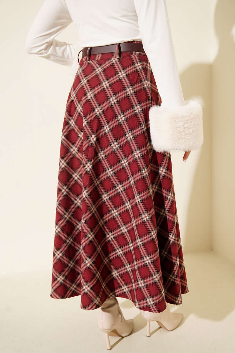 Belted Plaid Pattern Skirt - Burgundy