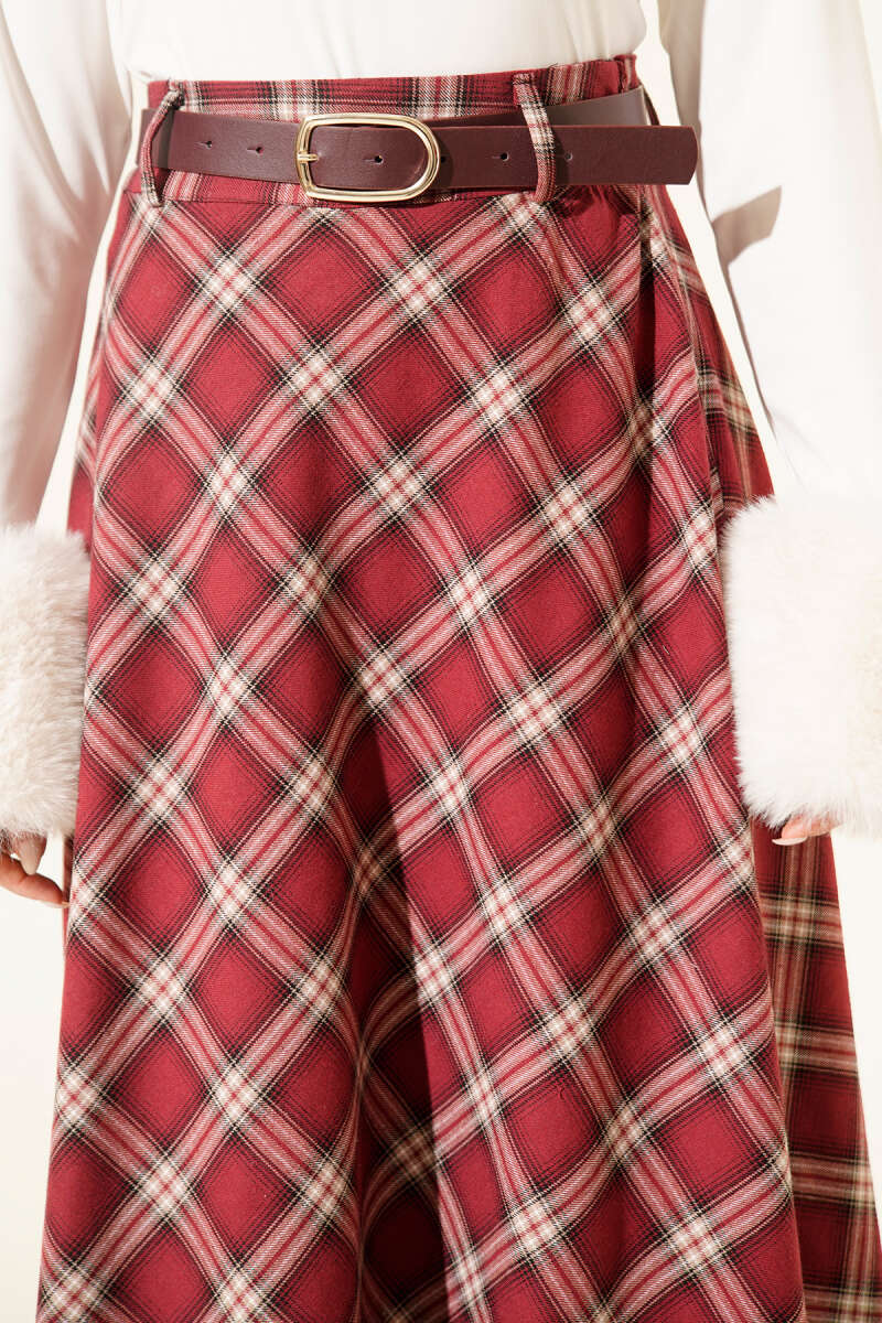 Belted Plaid Pattern Skirt - Burgundy