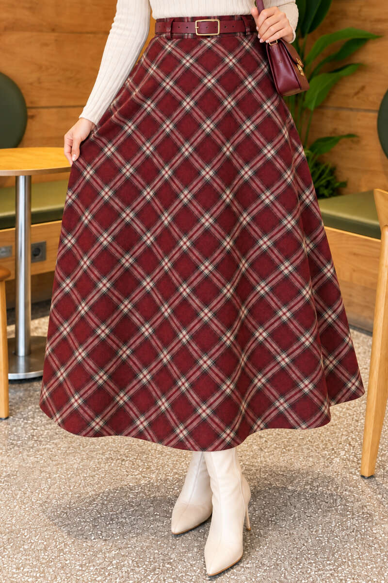 Belted Plaid Pattern Skirt - Plum