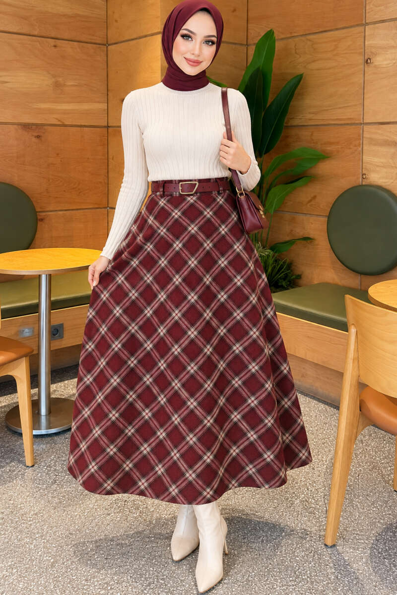 Belted Plaid Pattern Skirt - Plum