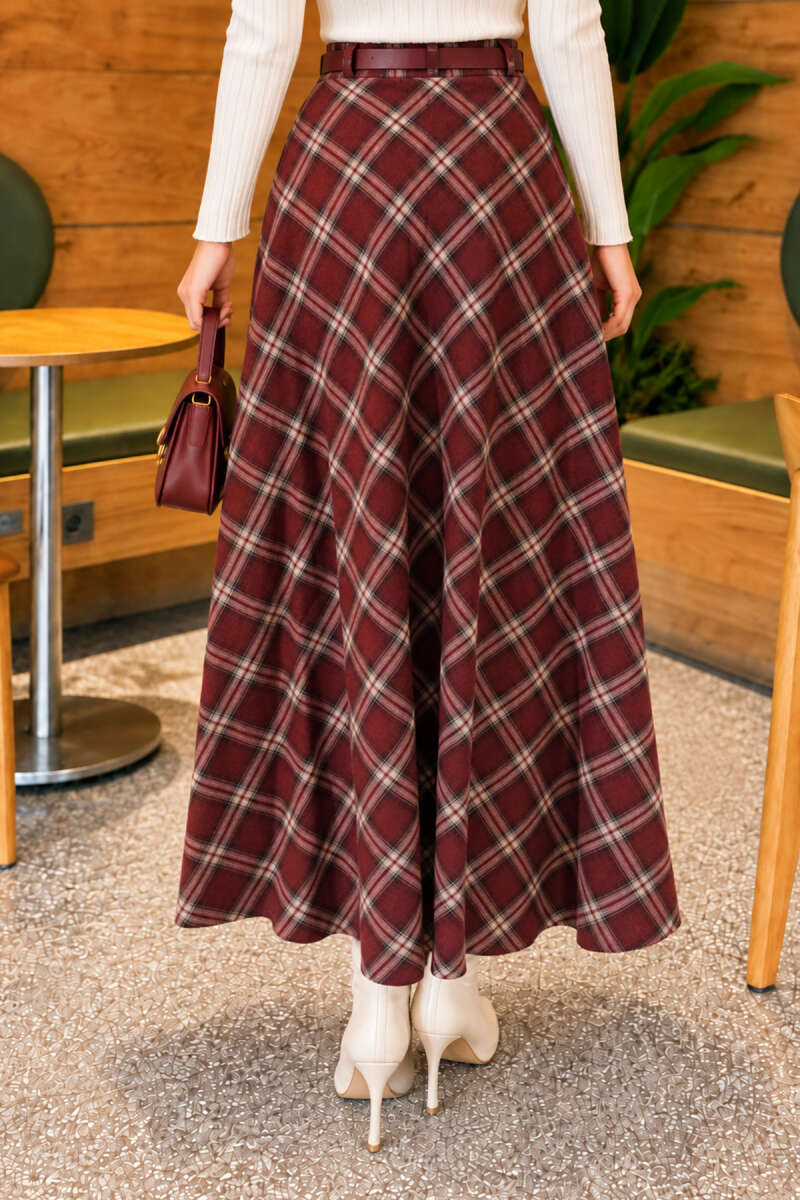 Belted Plaid Pattern Skirt - Plum