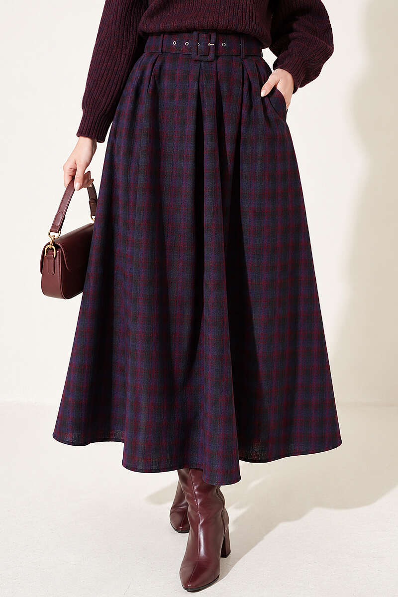 Belted Pleated Plaid Skirt - Burgundy