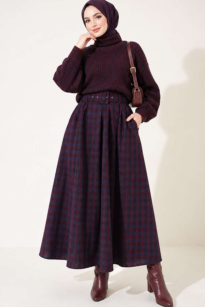Belted Pleated Plaid Skirt - Burgundy