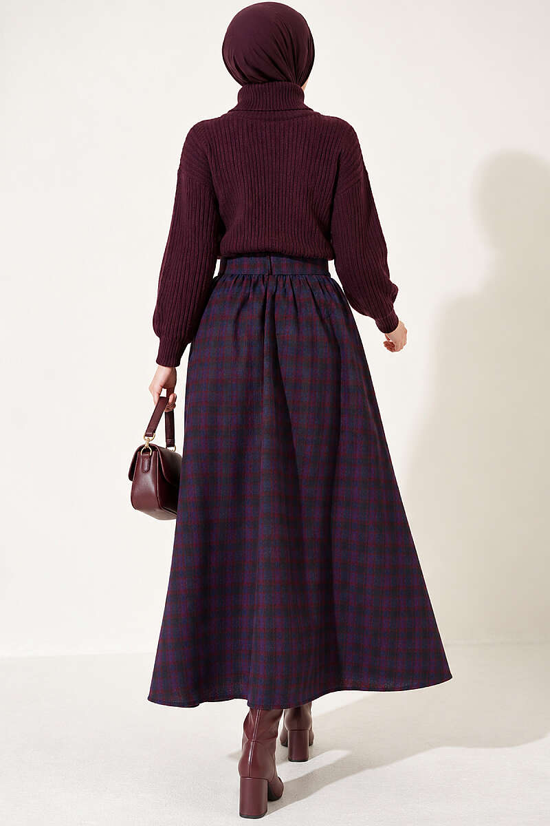 Belted Pleated Plaid Skirt - Burgundy