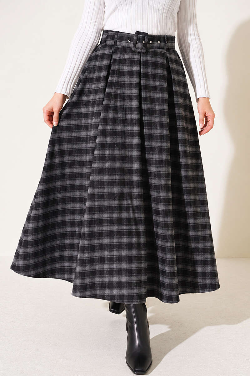 Belted Pleated Plaid Skirt - Smoke Grey