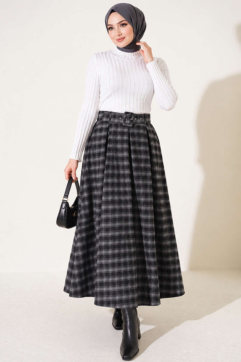 Belted Pleated Plaid Skirt - Smoke Grey