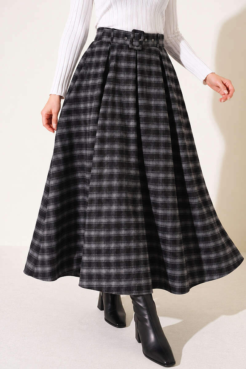 Belted Pleated Plaid Skirt - Smoke Grey