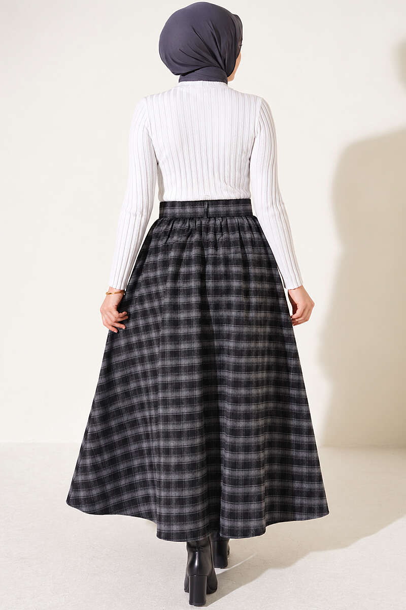 Belted Pleated Plaid Skirt - Smoke Grey