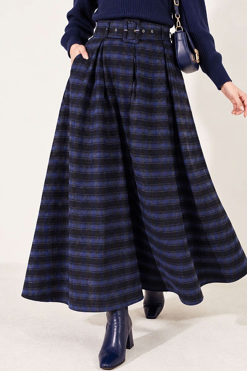 Belted Pleated Plaid Skirt - Navy