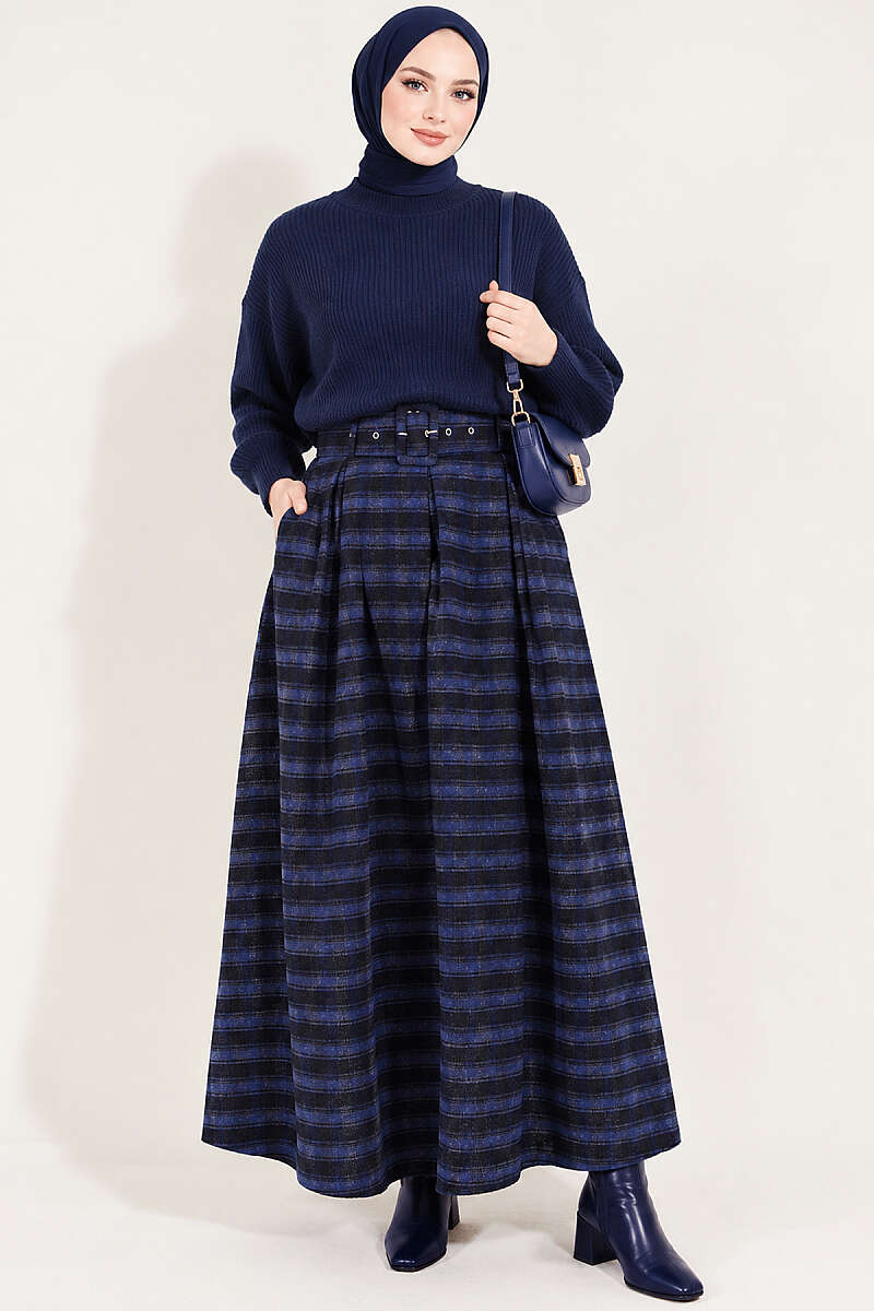 Belted Pleated Plaid Skirt - Navy