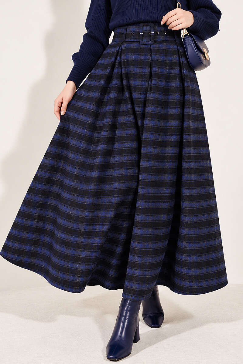 Belted Pleated Plaid Skirt - Navy