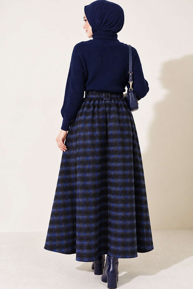 Belted Pleated Plaid Skirt - Navy