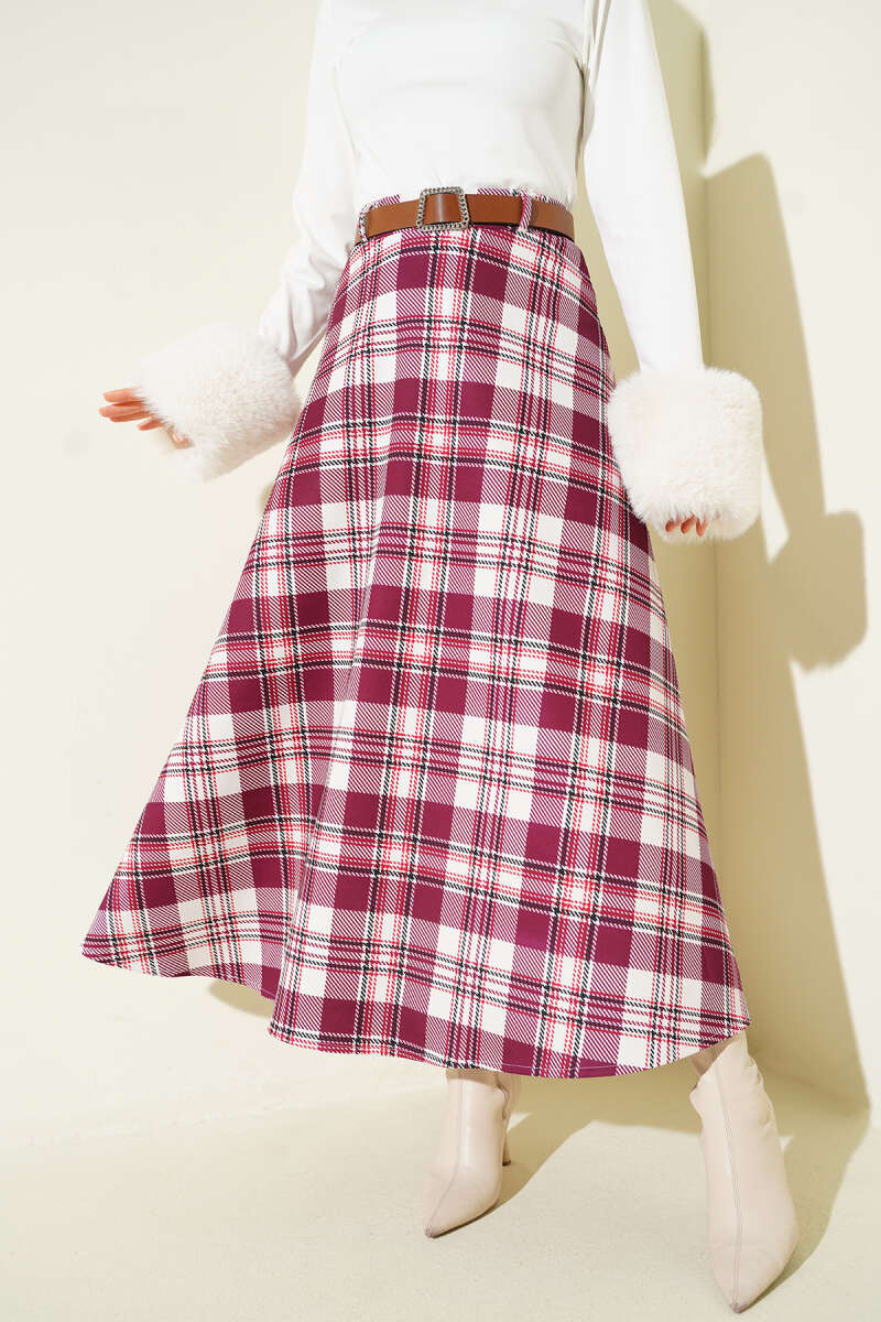 Belted Plaid Scuba Skirt - Burgundy