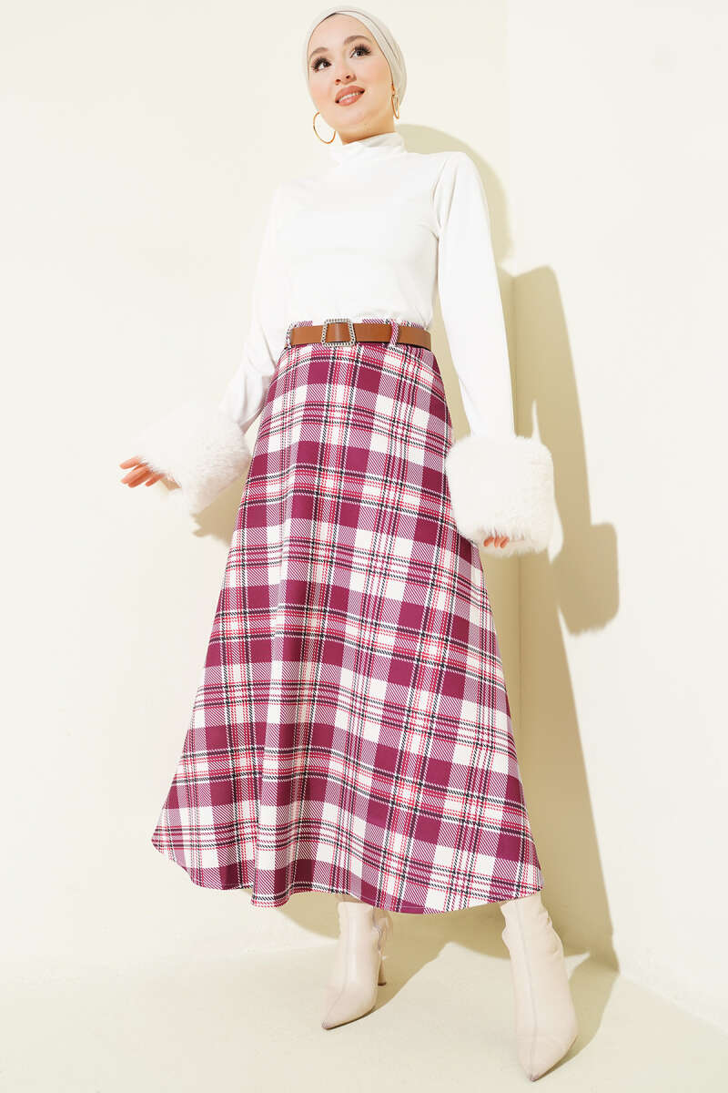 Belted Plaid Scuba Skirt - Burgundy