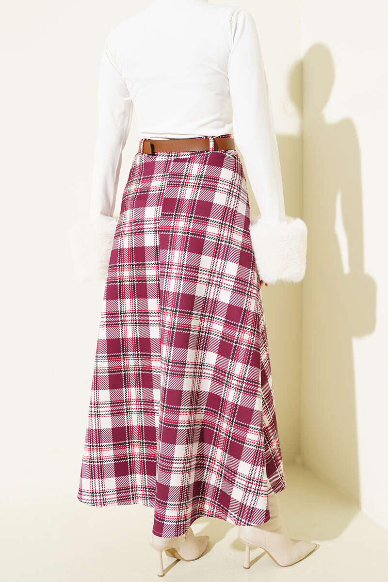 Belted Plaid Scuba Skirt - Burgundy