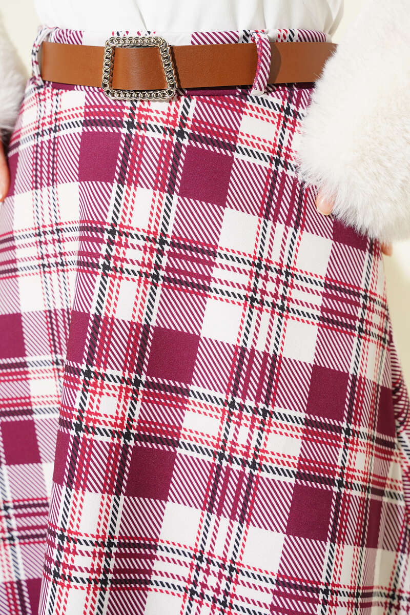 Belted Plaid Scuba Skirt - Burgundy