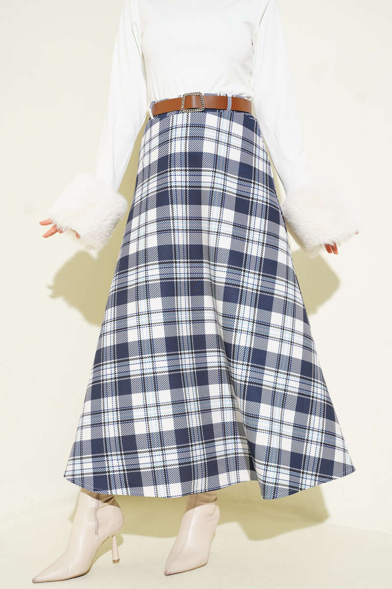 Belted Plaid Scuba Skirt - Navy