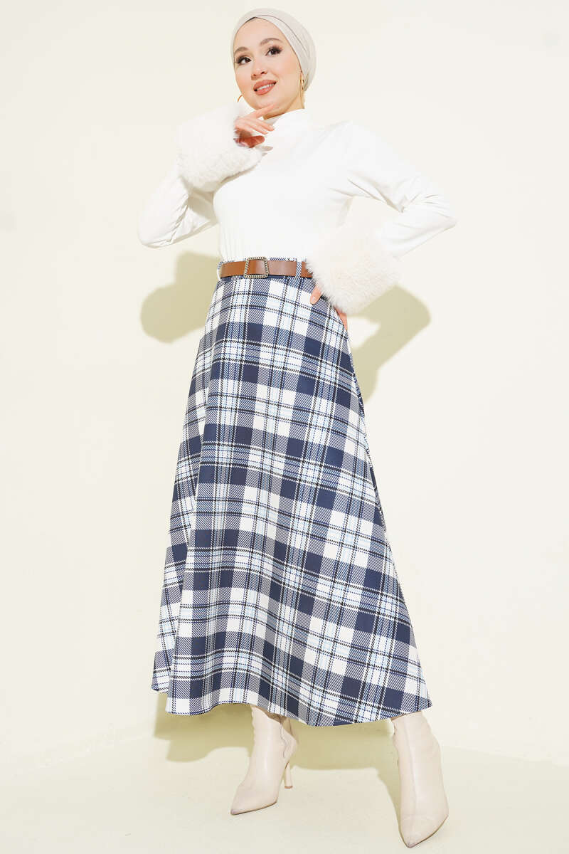 Belted Plaid Scuba Skirt - Navy