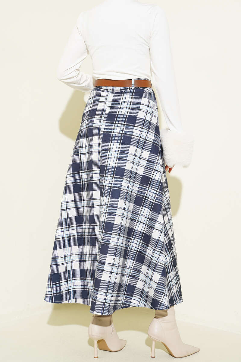 Belted Plaid Scuba Skirt - Navy