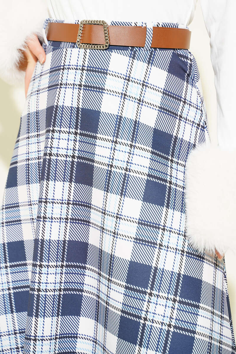 Belted Plaid Scuba Skirt - Navy