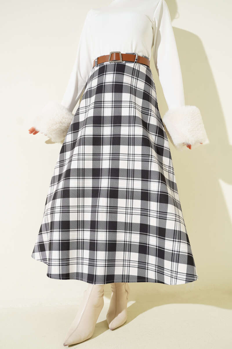 Belted Plaid Scuba Skirt - Black