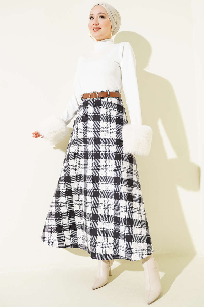 Belted Plaid Scuba Skirt - Black