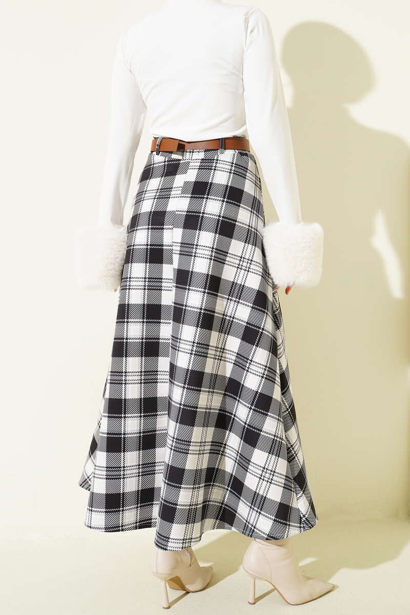 Belted Plaid Scuba Skirt - Black