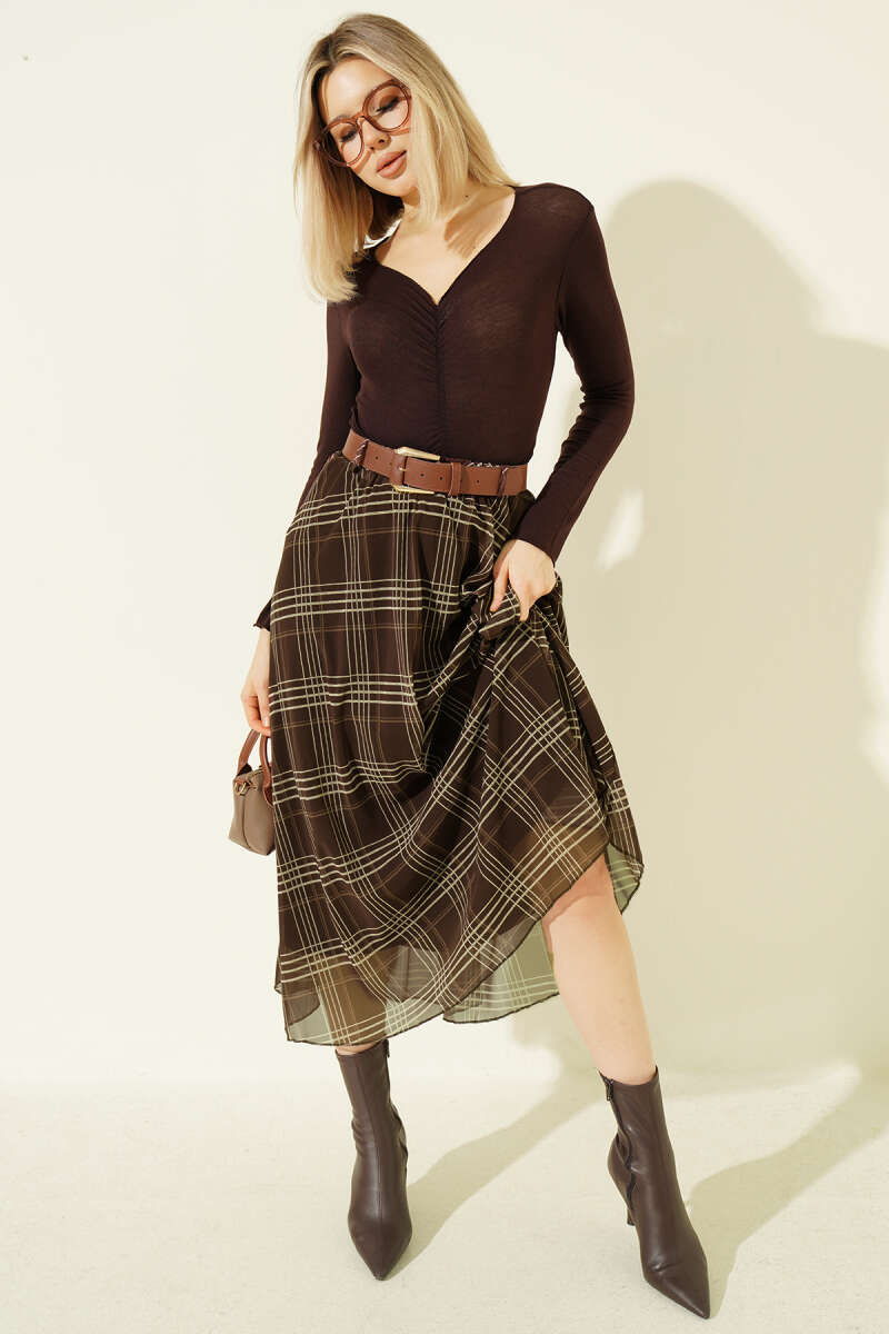 Belted Plaid Chiffon Midi Skirt - Brown