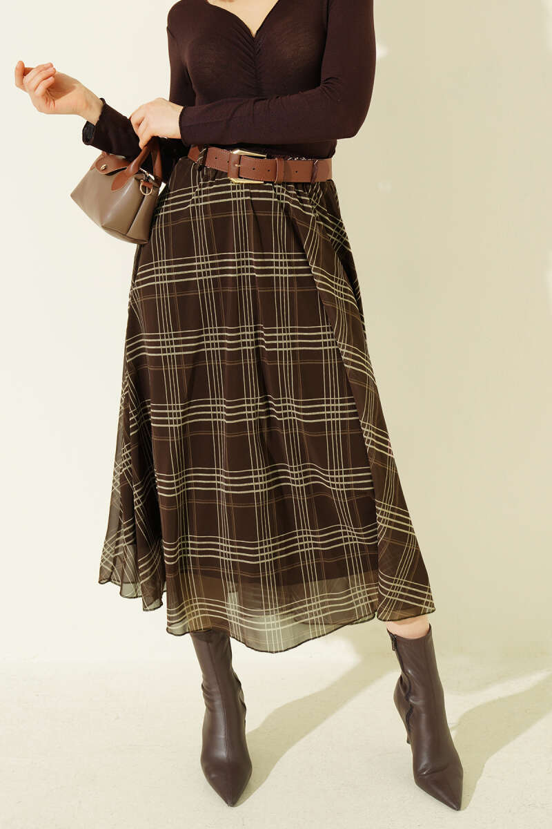 Belted Plaid Chiffon Midi Skirt - Brown