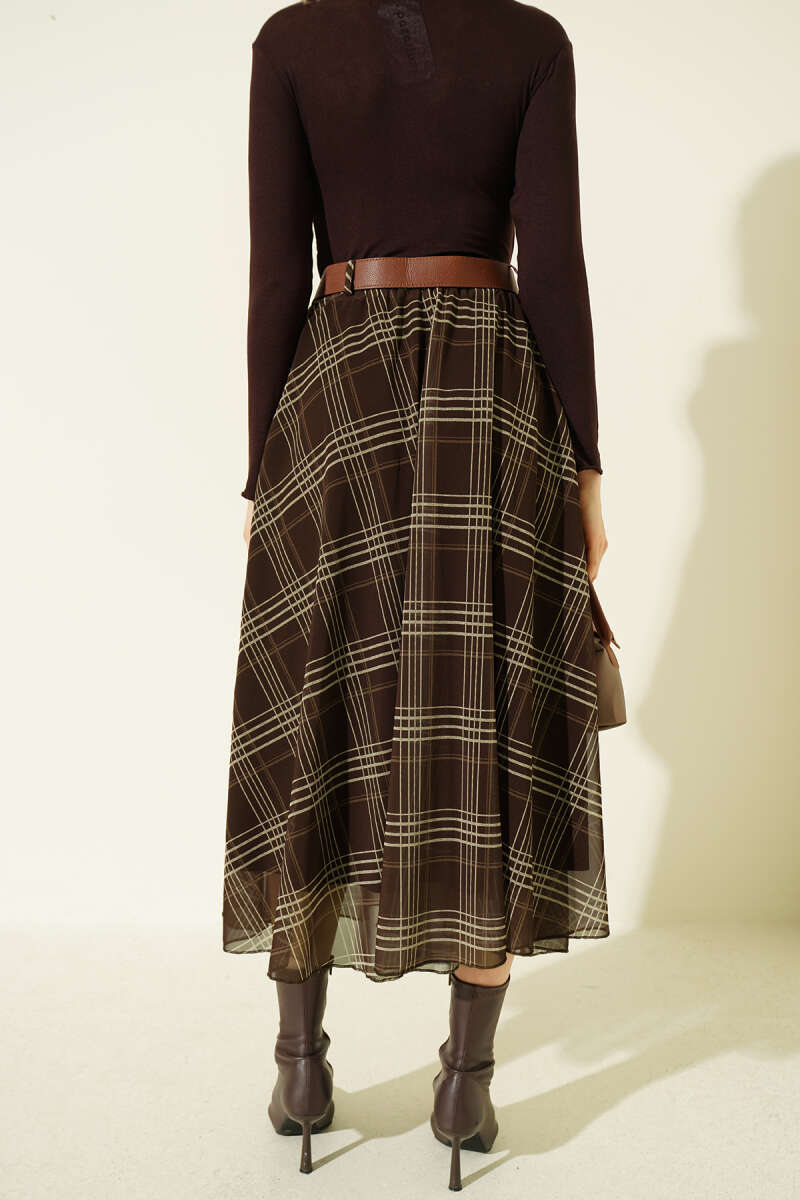 Belted Plaid Chiffon Midi Skirt - Brown