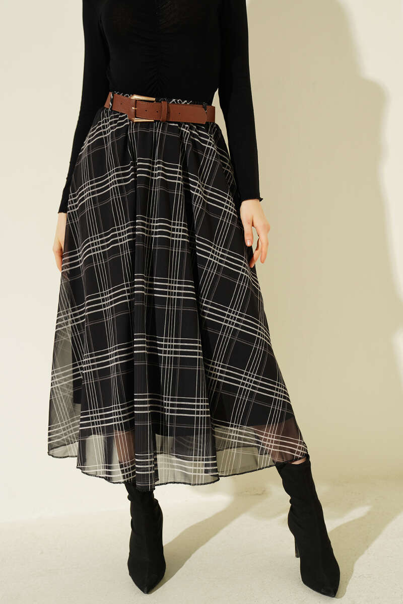 Belted Plaid Chiffon Midi Skirt - Black