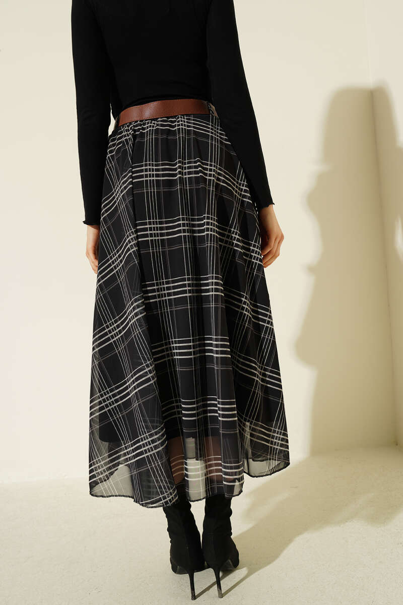 Belted Plaid Chiffon Midi Skirt - Black