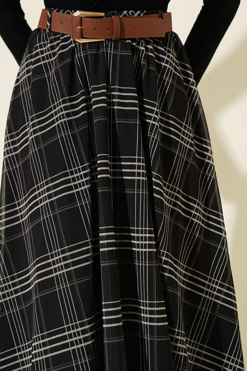 Belted Plaid Chiffon Midi Skirt - Black