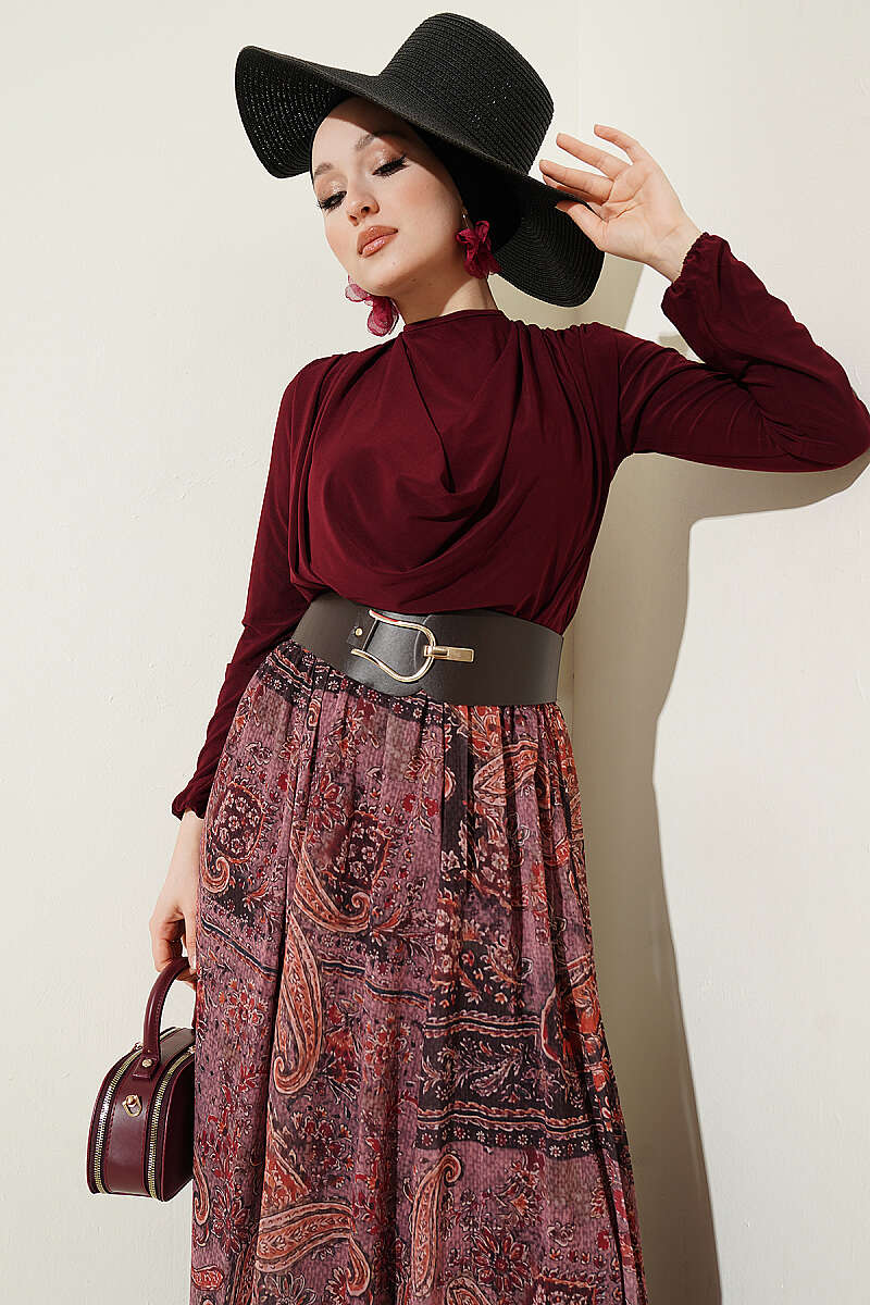 Belted Ethnic Print Two-Piece Set - Burgundy