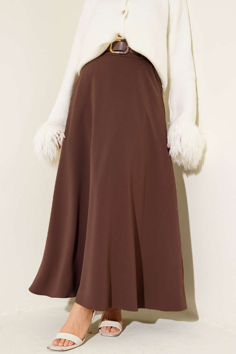 Basic Belted Skirt with Zip - Brown