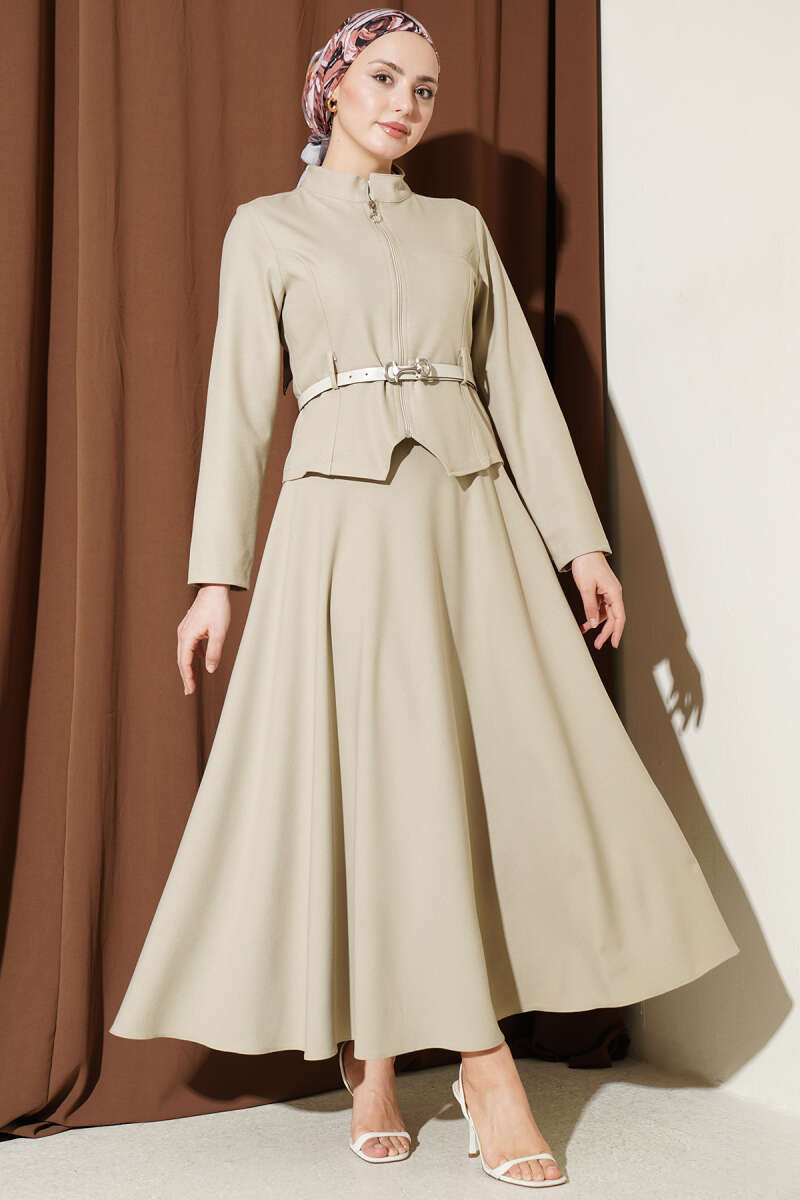 Basic Belted Zip Skirt Set - Beige