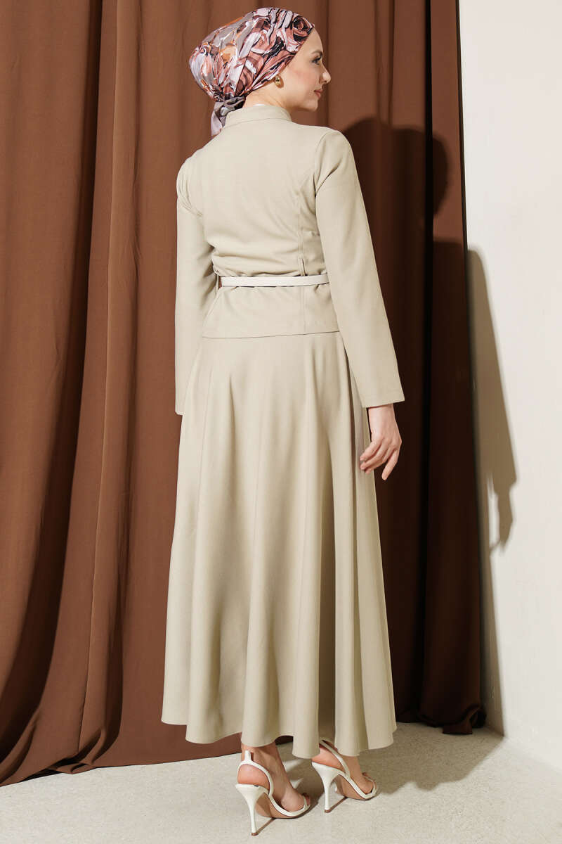 Basic Belted Zip Skirt Set - Beige