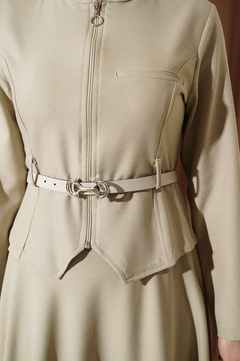 Basic Belted Zip Skirt Set - Beige
