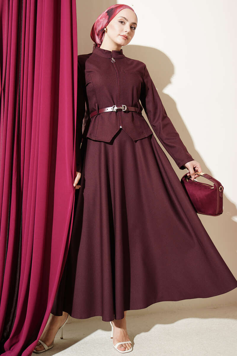 Basic Belted Zip Skirt Set - Burgundy