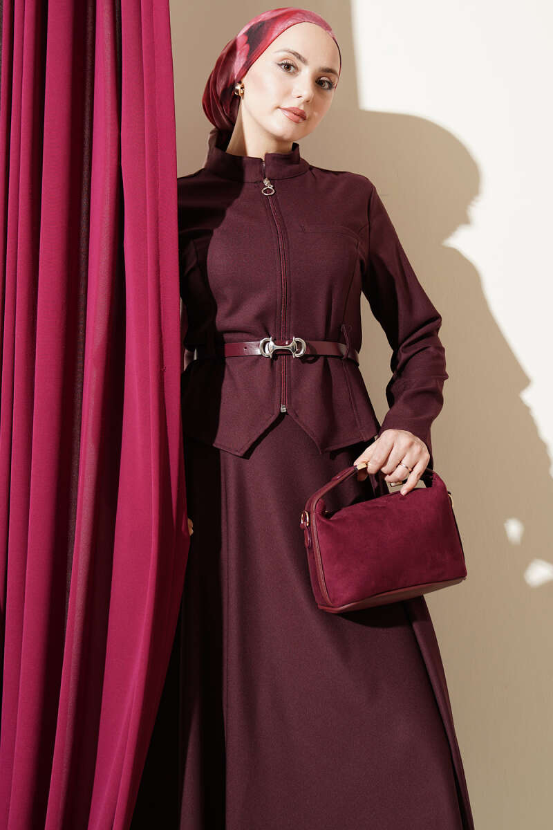 Basic Belted Zip Skirt Set - Burgundy