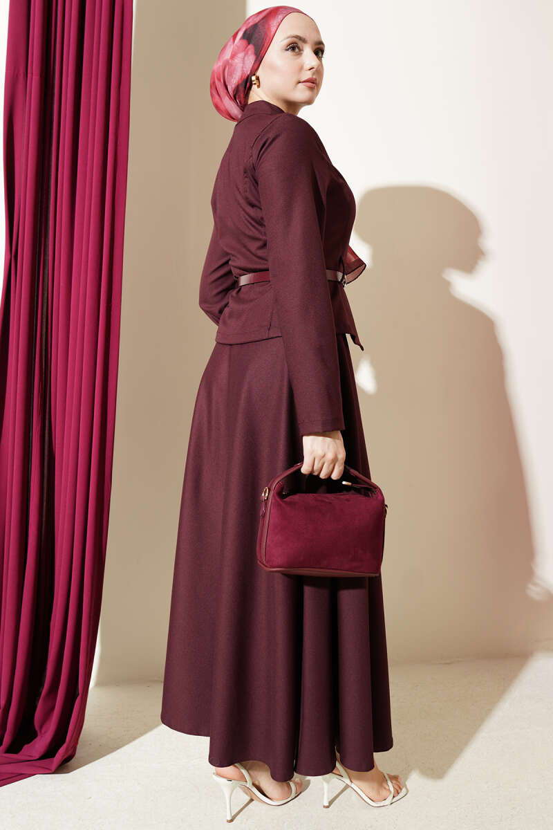 Basic Belted Zip Skirt Set - Burgundy