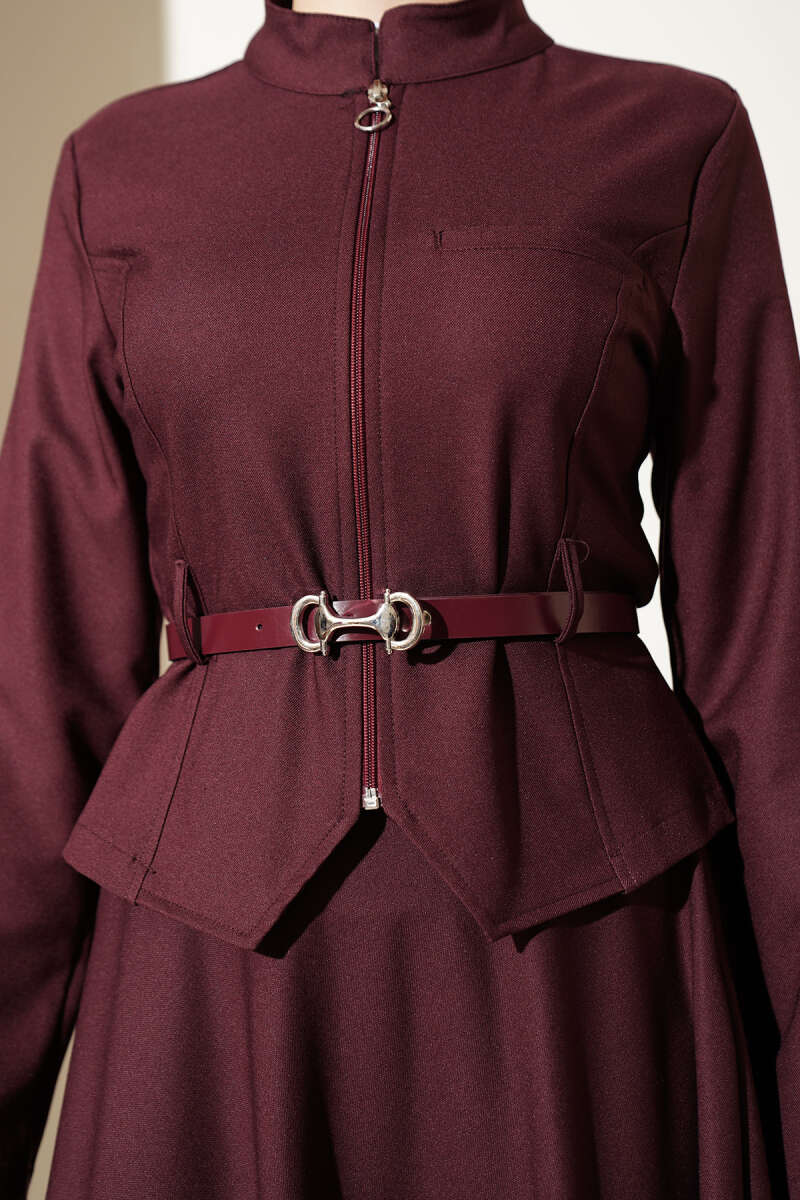 Basic Belted Zip Skirt Set - Burgundy