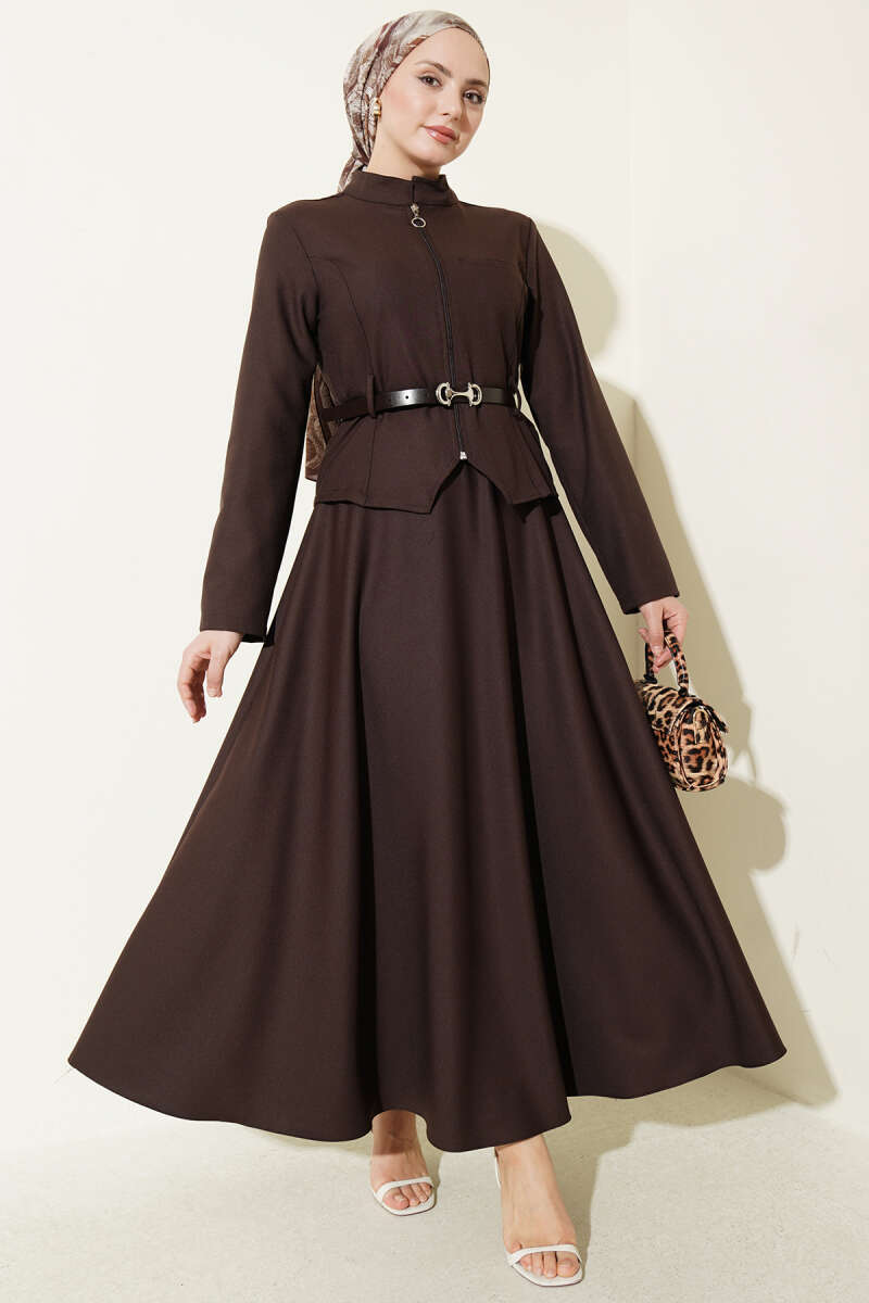 Basic Belted Zip Skirt Set - Brown