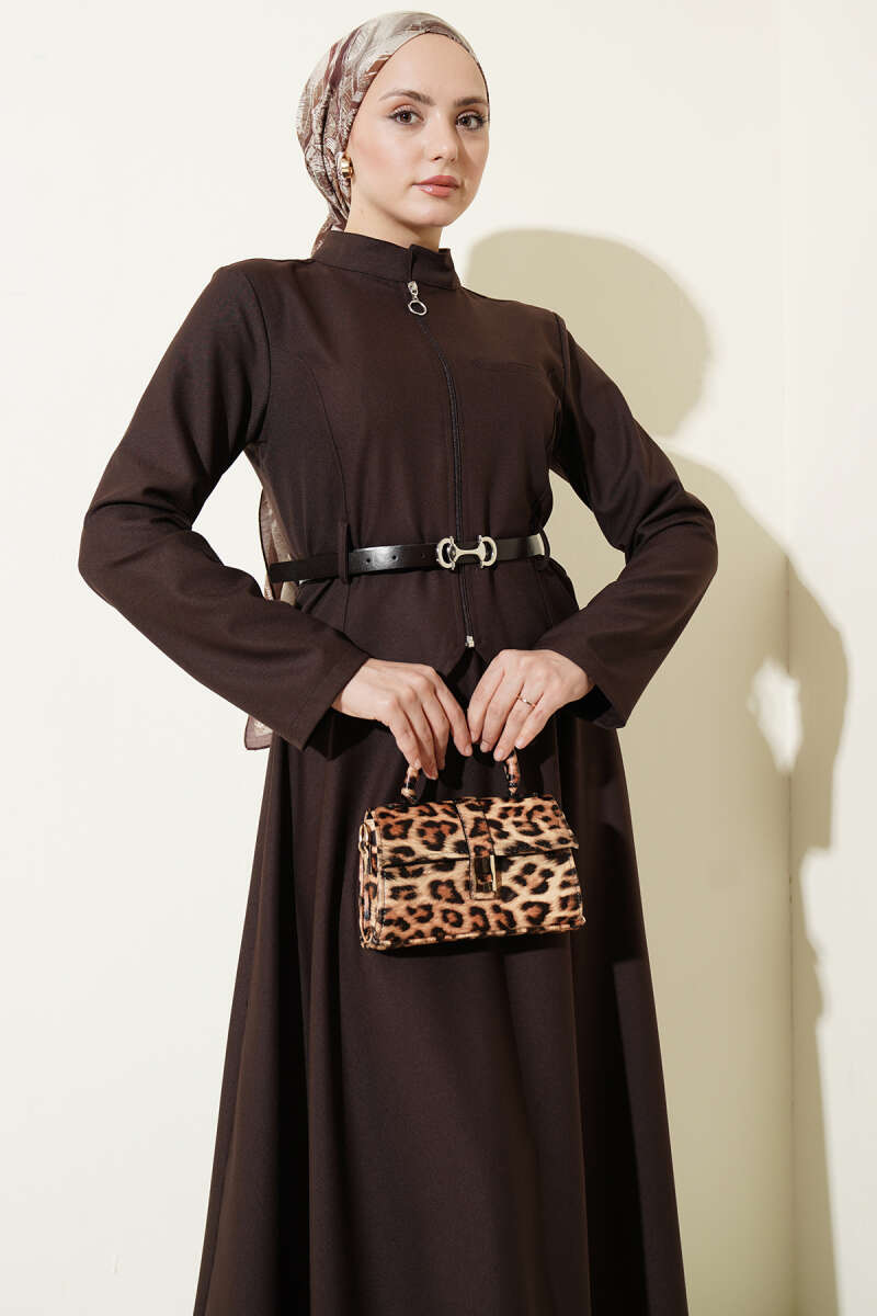 Basic Belted Zip Skirt Set - Brown