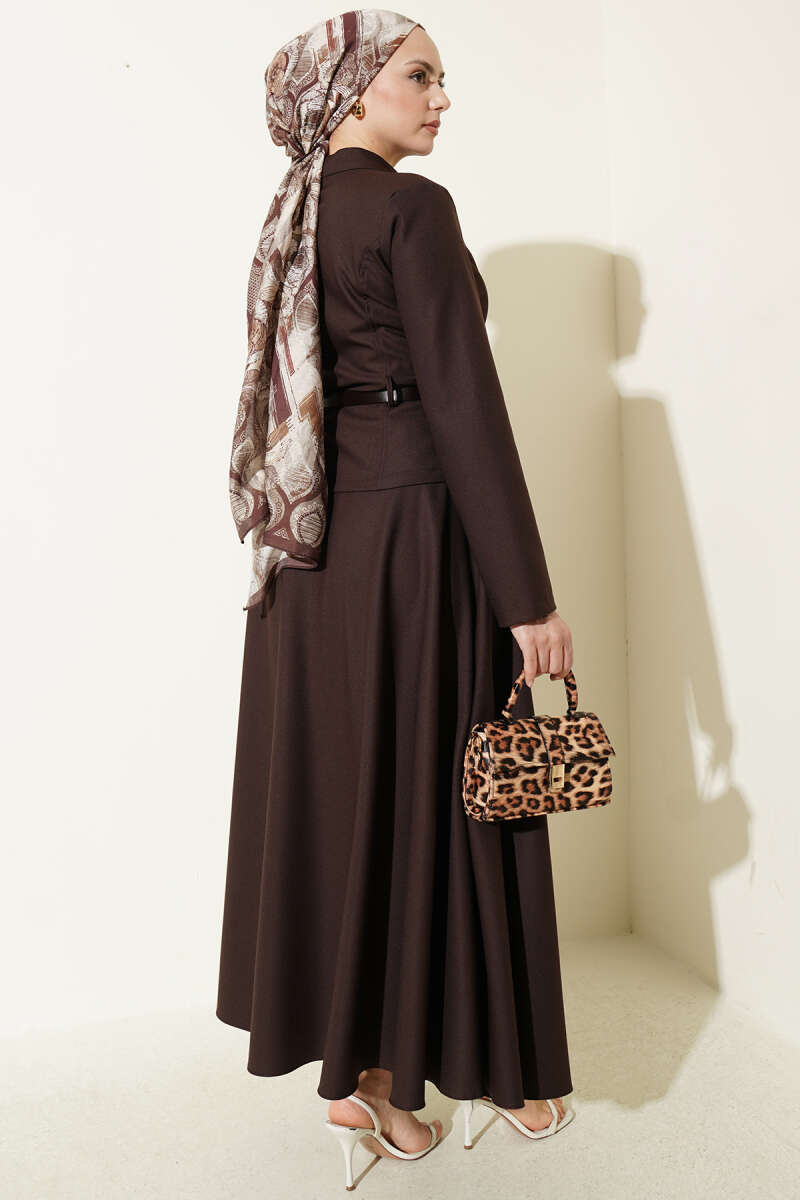 Basic Belted Zip Skirt Set - Brown