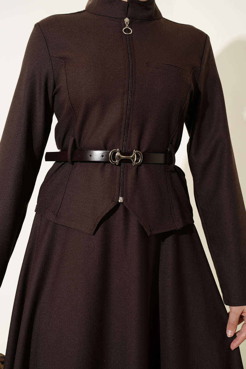 Basic Belted Zip Skirt Set - Brown