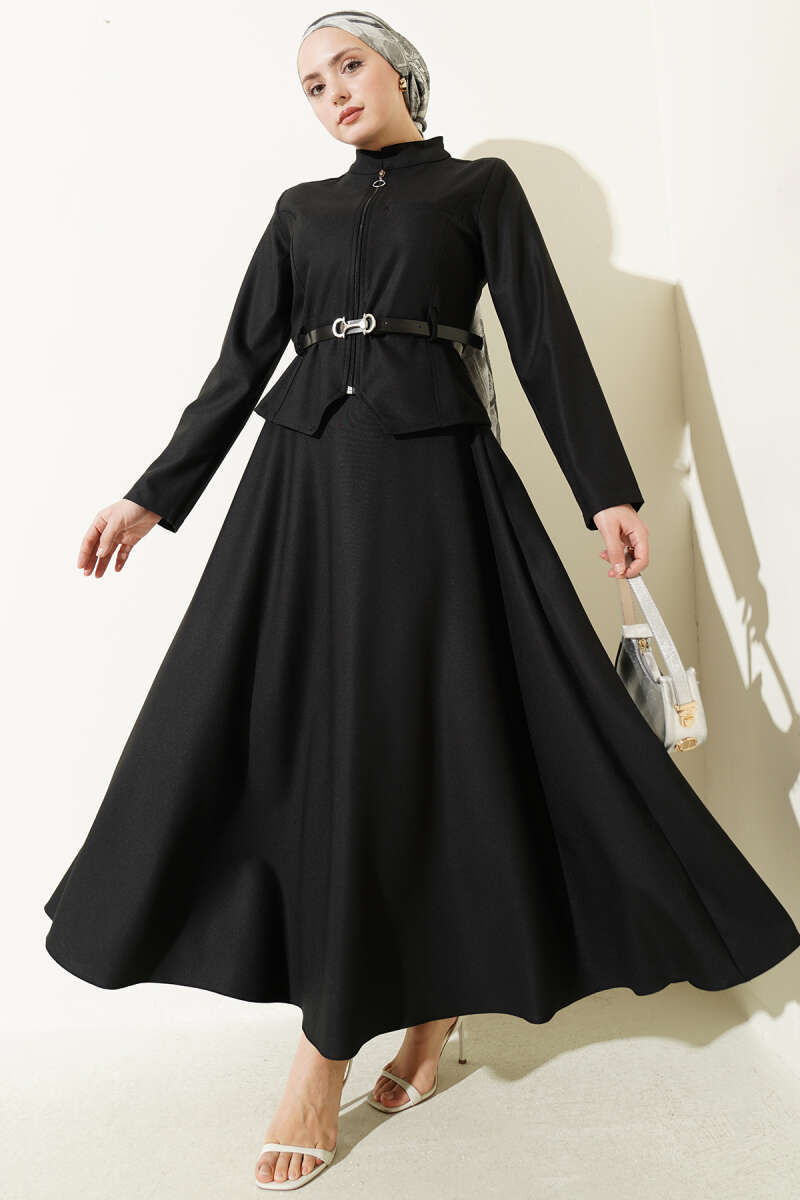 Basic Belted Zip Skirt Set - Black